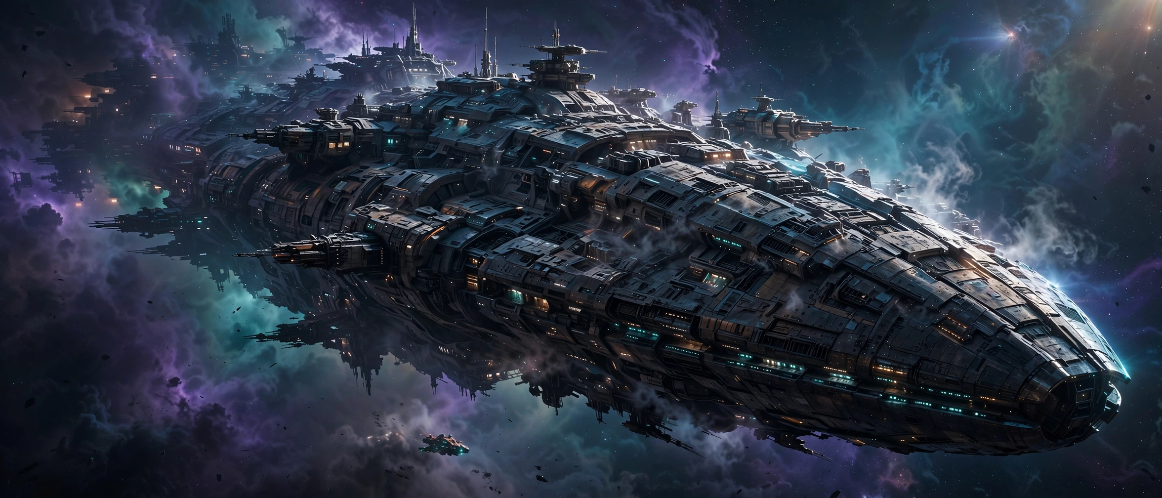 The Longlight mothership: The Longlight dreadnought: blunt armored prow, island superstructures and antenna arrays, stern dissolving into the nebula, escort craft dwarfed below